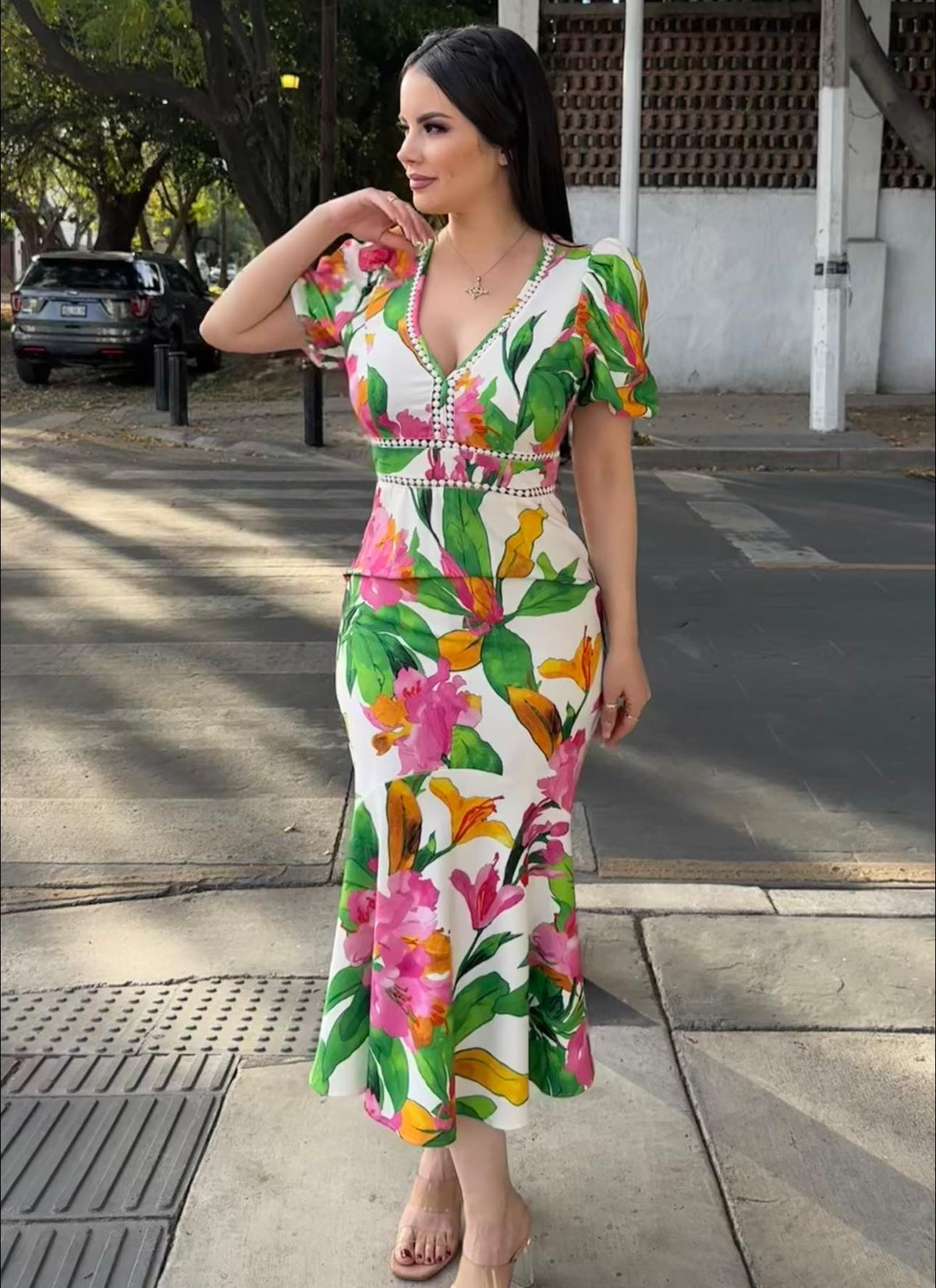 Vestido Flores Tropicales Manga Globo