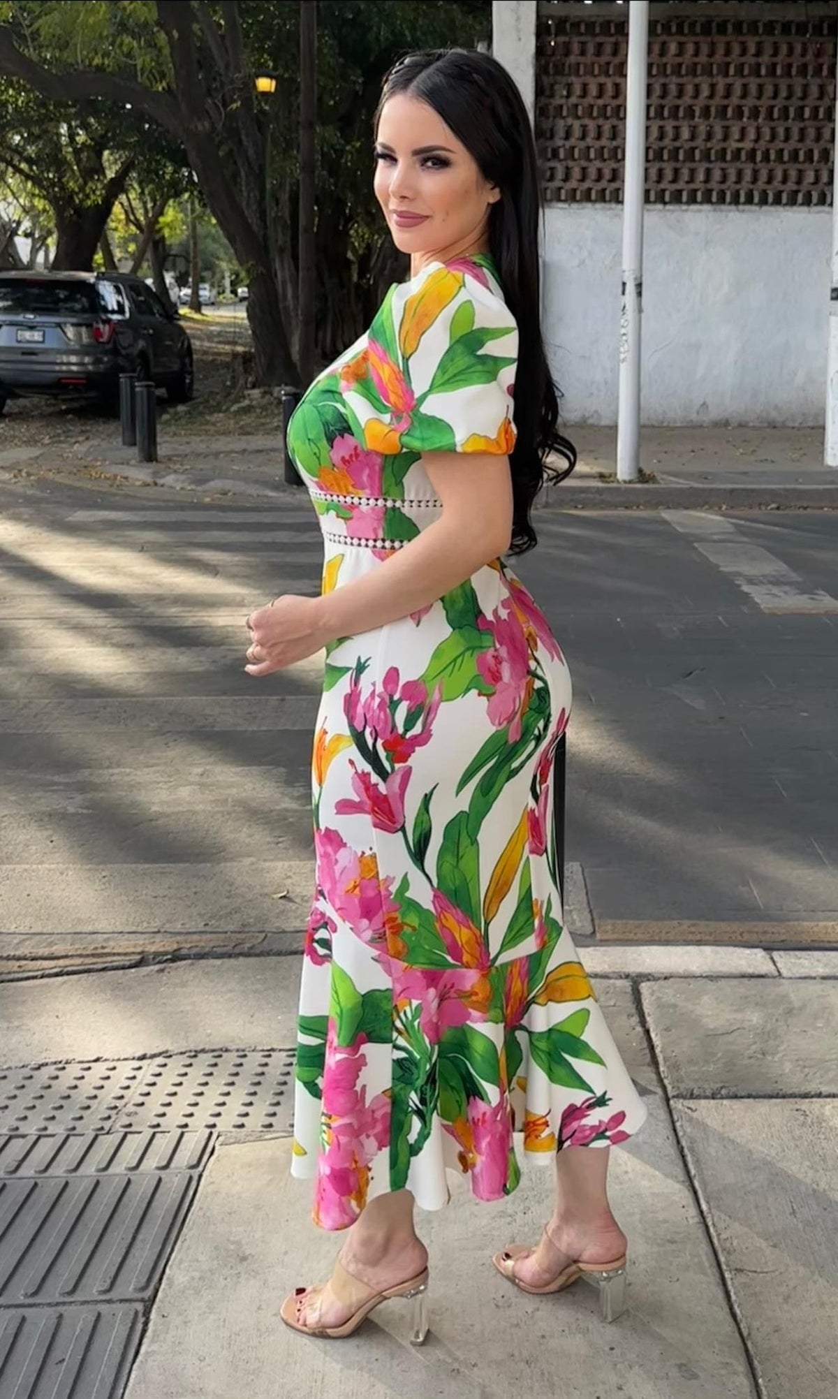 Vestido Flores Tropicales Manga Globo