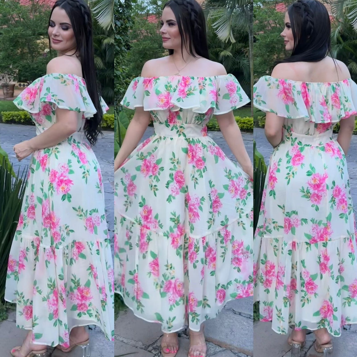 Vestido al Hombro con Flores