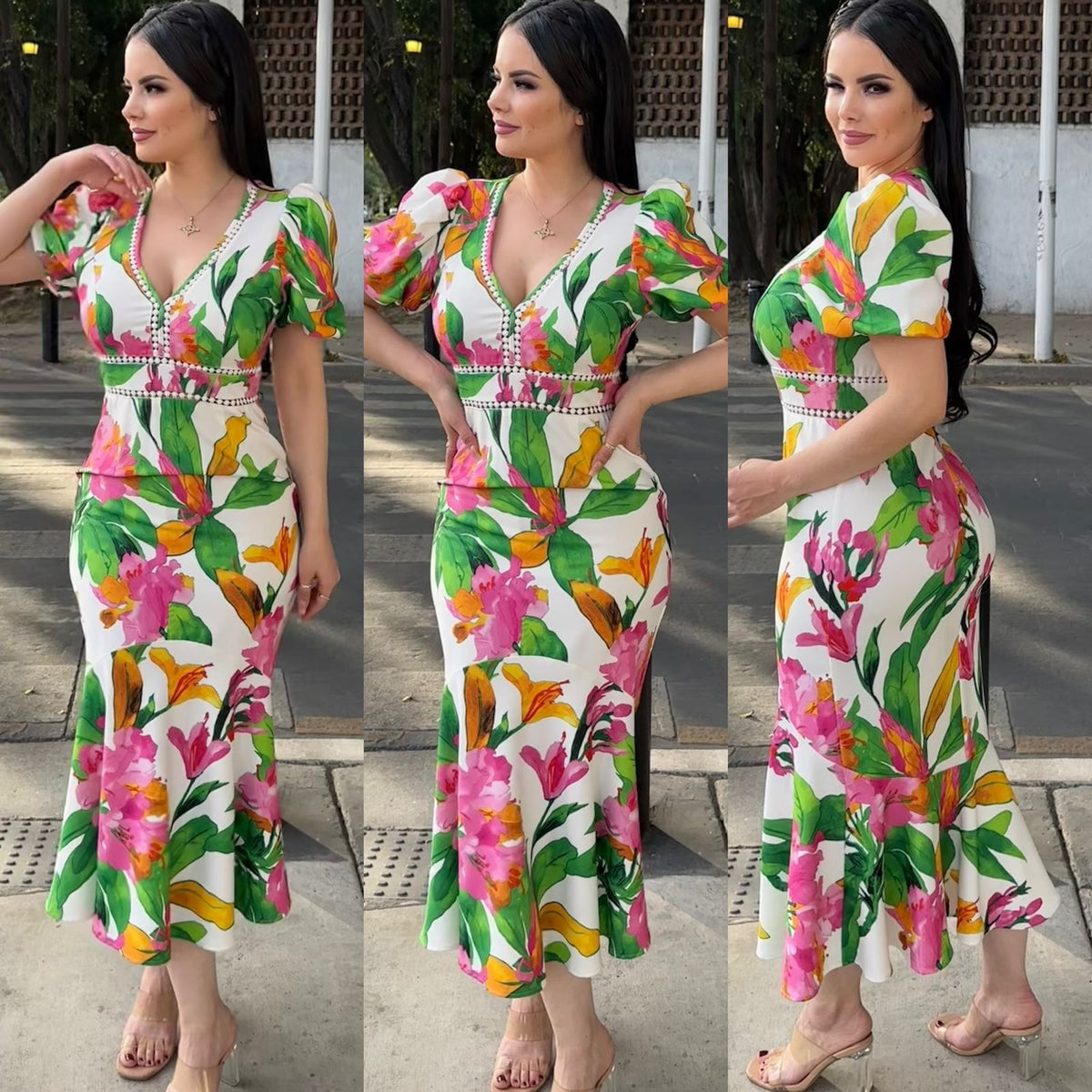 Vestido Flores Tropicales Manga Globo